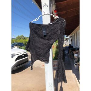 NWT Y2K Bebe Annabelle Black Lace Puff Sleeve Asymmetrical Bodysuit Whimsigoth M